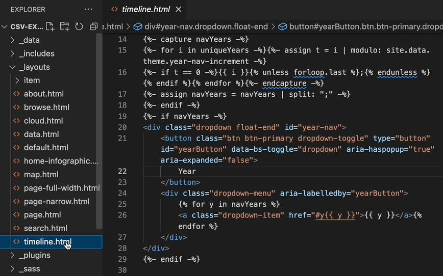 Visual Studio Code user changes the button value from year to depth in the timeline.html file