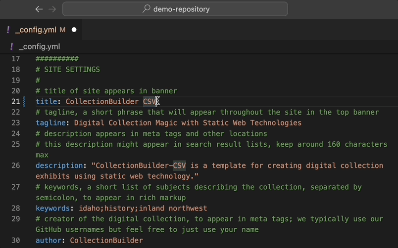 Visual Studio Code user changes title placeholder text to the title of their site