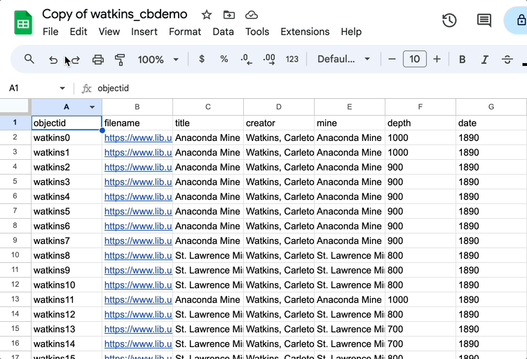 User downloads metadata as a csv file by clicking File, Download, and Comma separated values