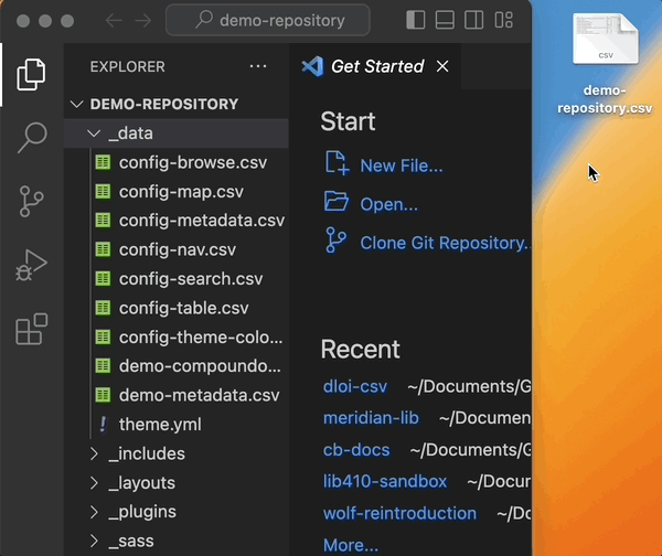 User clicking on metadata file and dragging it into the data folder on Visual Studio Code