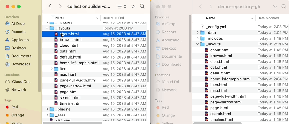 User selects files from the layouts folder of the CSV Transfer Repository and then drags them into the GH Repository layouts folder