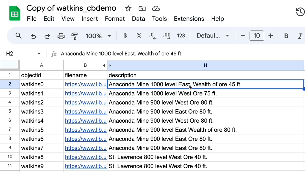 User types 'This is a test change' into the description cell on Google Sheets