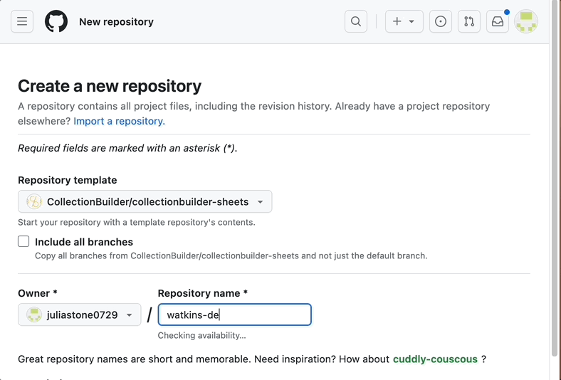 User names the repository, clicks on Public, and then clicks Create repository button