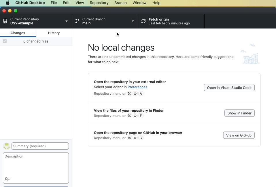 GitHub Desktop user clicking on Repository in the top menu and then selecting the option Open in Visual Studio Code