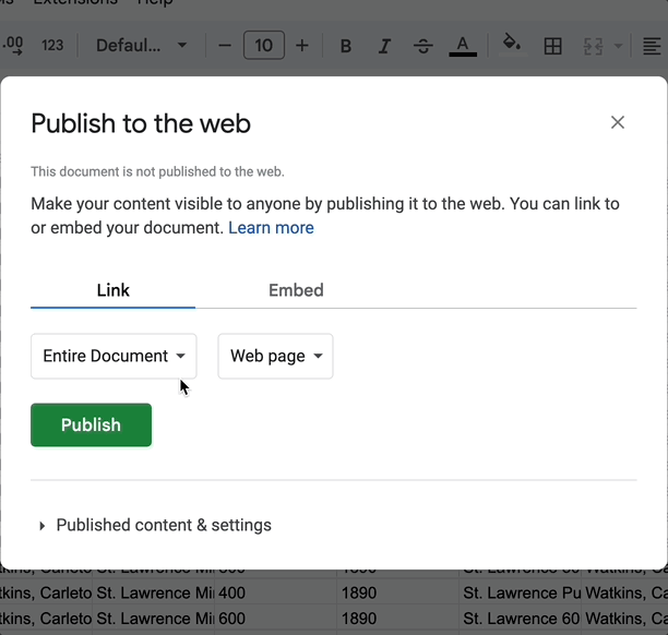 User clicks on Entire Document and Comma-separated values dropdown options and then clicks publish button