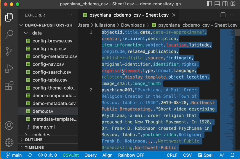 VS Code user copies the new metadata csv file over and pastes it over the old metadata csv file.