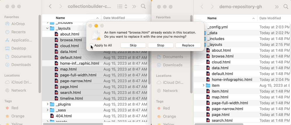 User selects Apply to All checkbox and then clicks the Replace button to replace the files