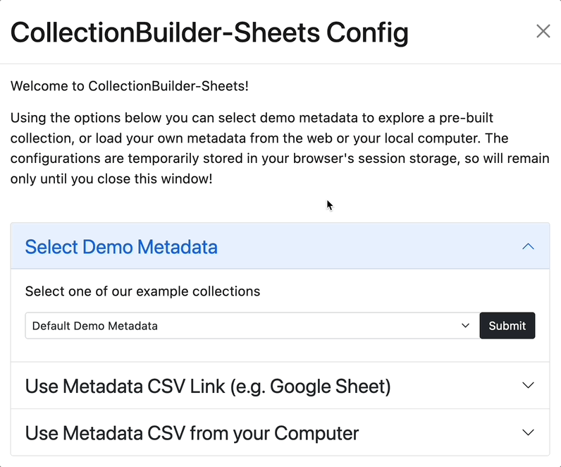 User pastes the shareable Google Sheet link in the Use Metadata CSV Link box
