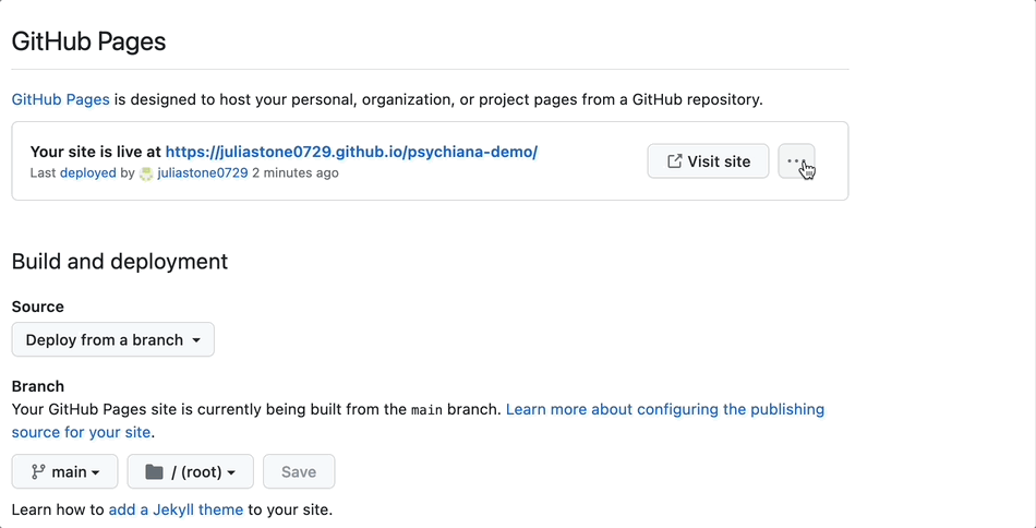 User clicks on unpublish site to unpublish their GitHub Pages site