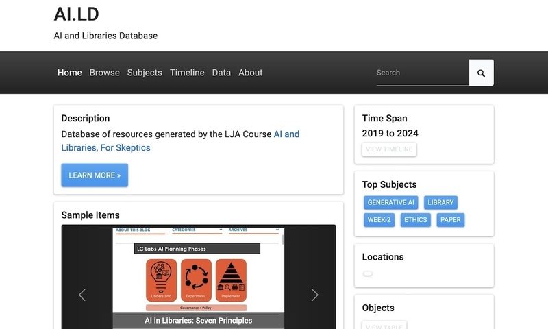 Database of resources generated by the LJA Course <a href="https://libraryjuiceacademy.com/shop/course/331-ai-and-libraries-for-skeptics/" target="_blank" rel="noopener noreferrer">AI and Libraries, For Skeptics</a>.