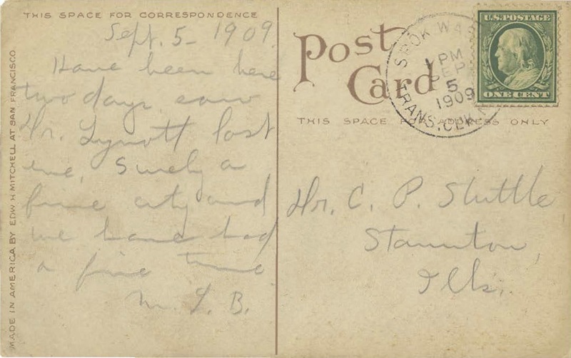 back of historic postcard dated Sept 5, 1909 with very difficult to read cursive writing in pencil