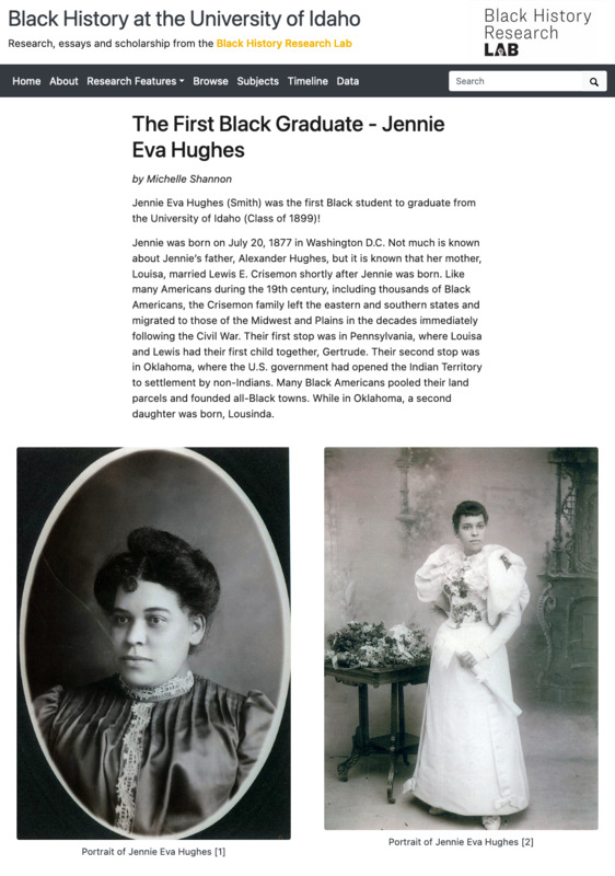 screenshot showing web essay titled "The First Black Graduate - Jennie Eva Hughes"