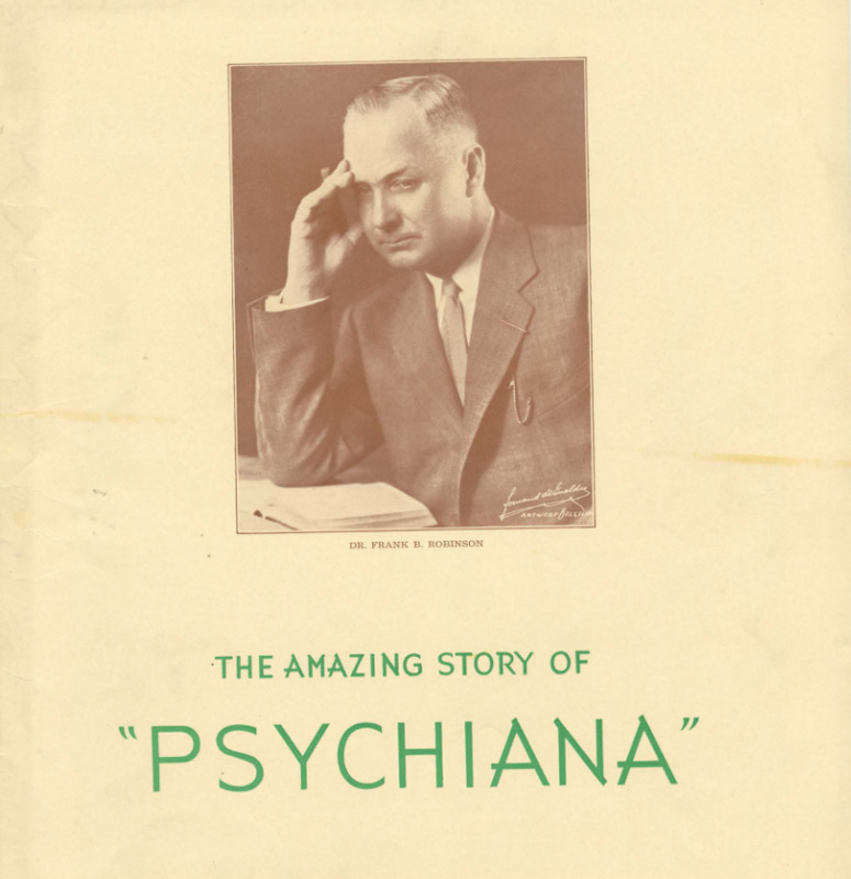 portrait of a man in a suit, with the text 'the amazing story of Psychiana' below