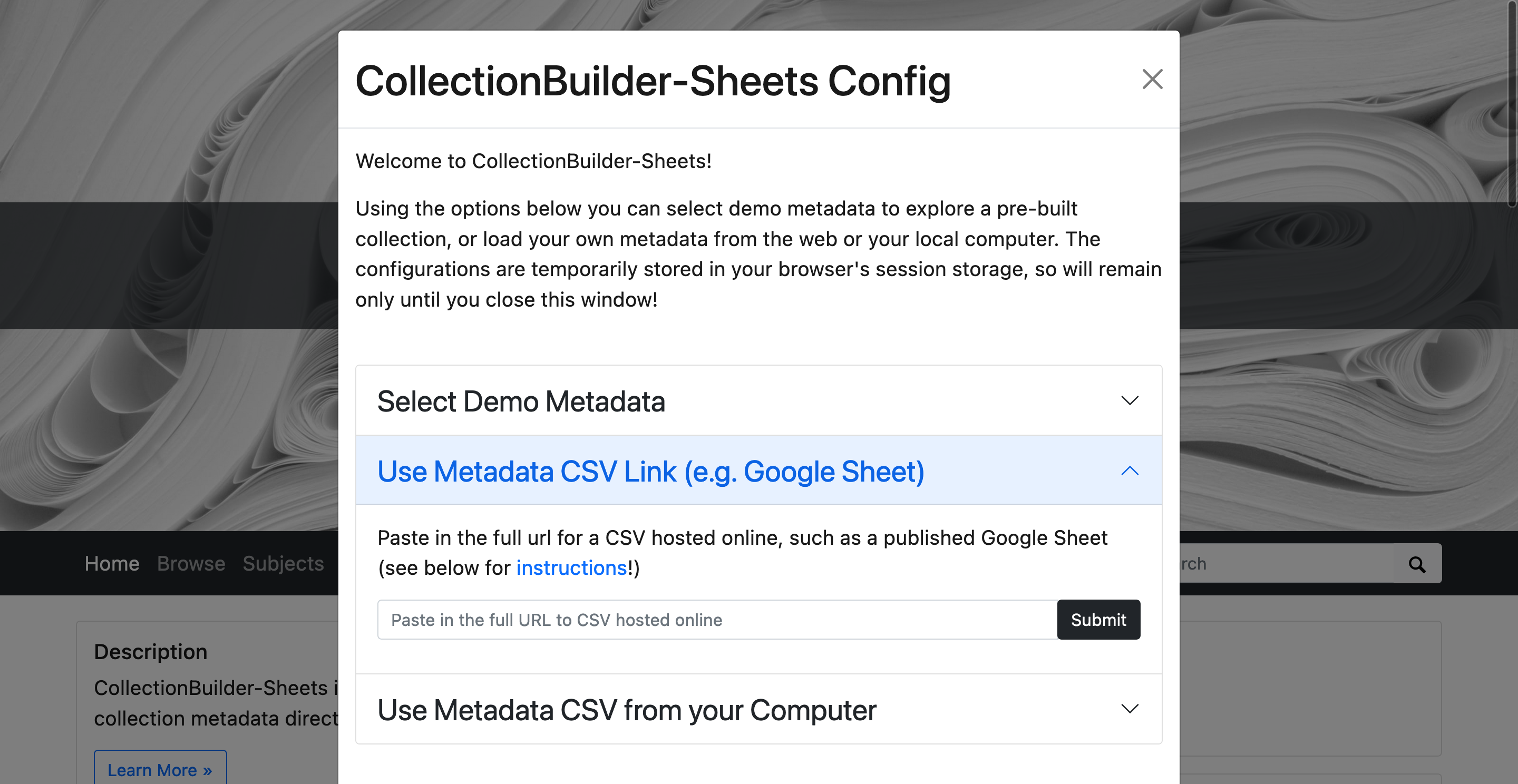 Home page for CollectionBuilder-sheets with config modal popped up