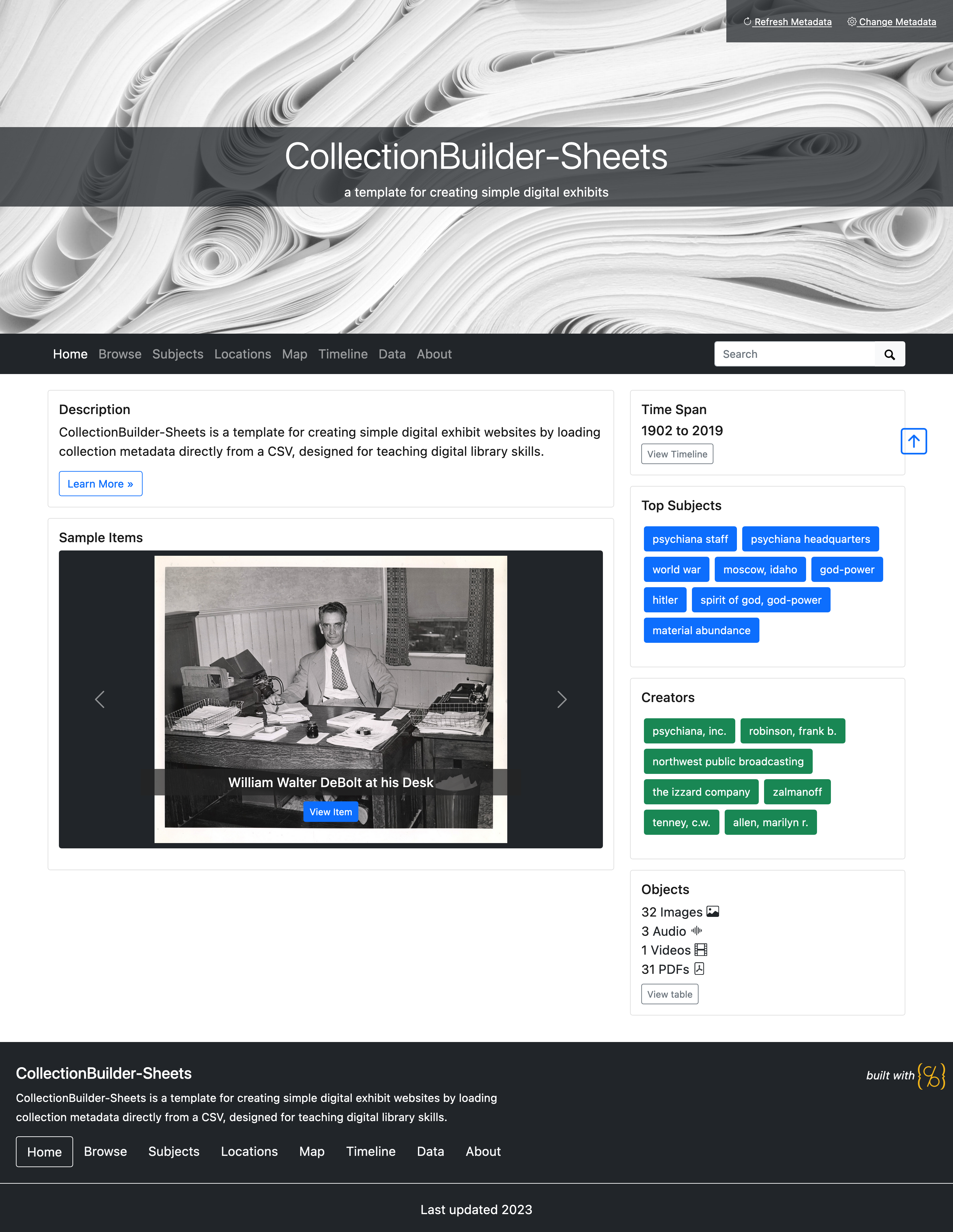 screenshot of SHEETS Demo Site