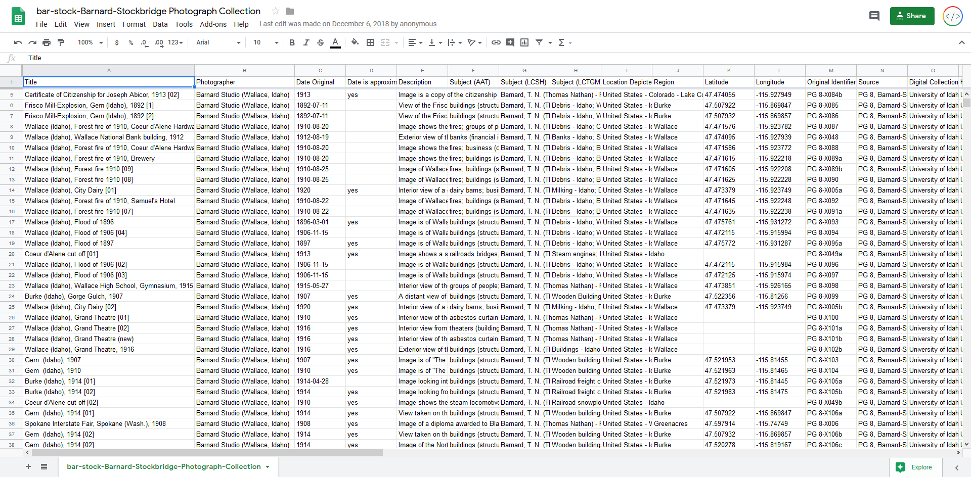 a spreadsheet with metadata in rows